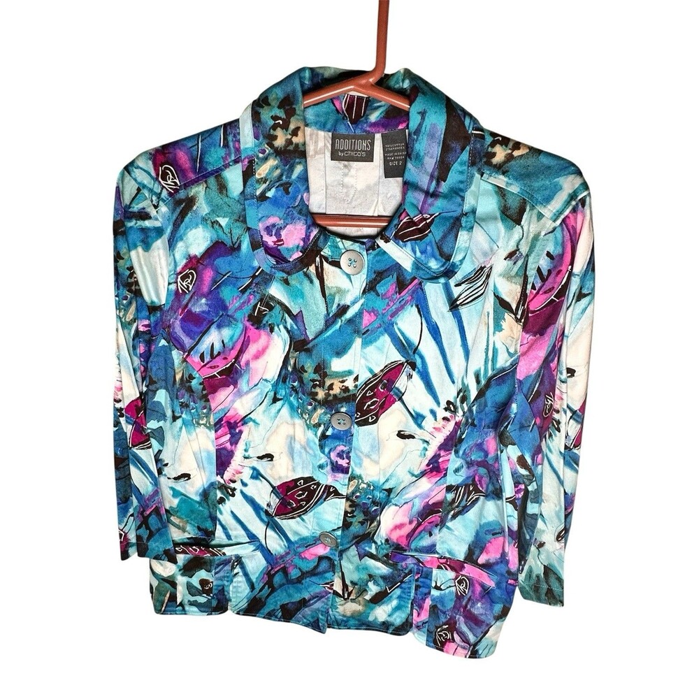 Additions By Chico’s Sz 2 Blue Purple Floral Pattern Button Down Jacket